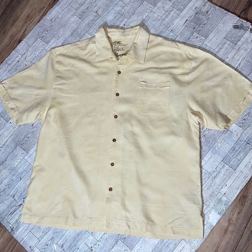 Jamaica Jaxx silk Shirt Mens XXLarge Beige Palm Pineapple Floral Silk Pocket